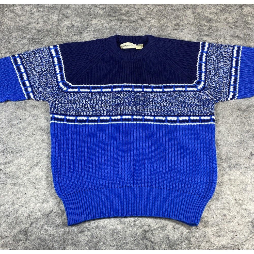 Vintage St. Johns‎ Bay Cable Knit Sweater Mens M Blue White Nordic Fair Isle 90s